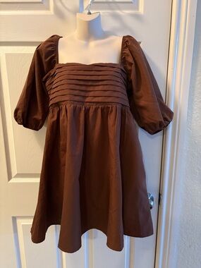 miami Brown Puff-Sleeve Square-Neck Kids Dress